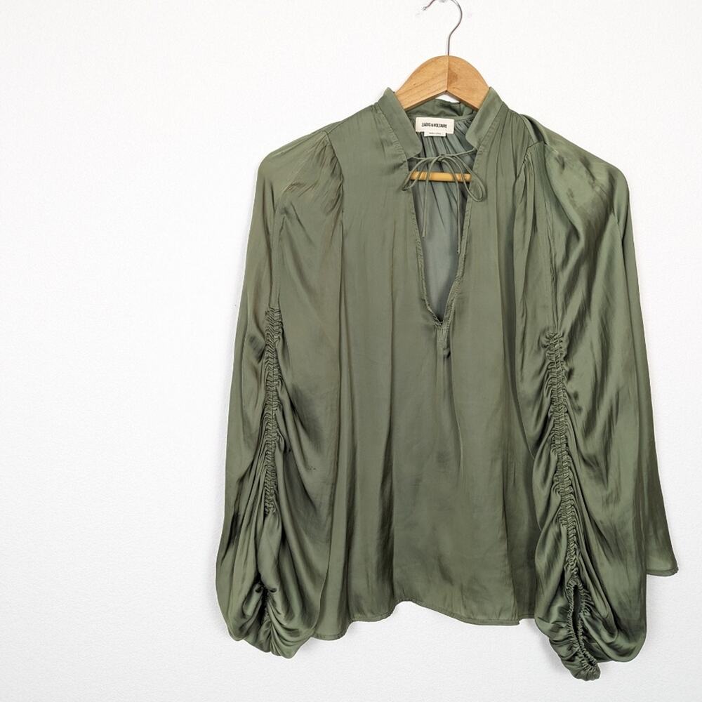 Zadig & Voltaire Green Twenty Ruched Sleeve Satin Blouse Size XS - Picture 3 of 7